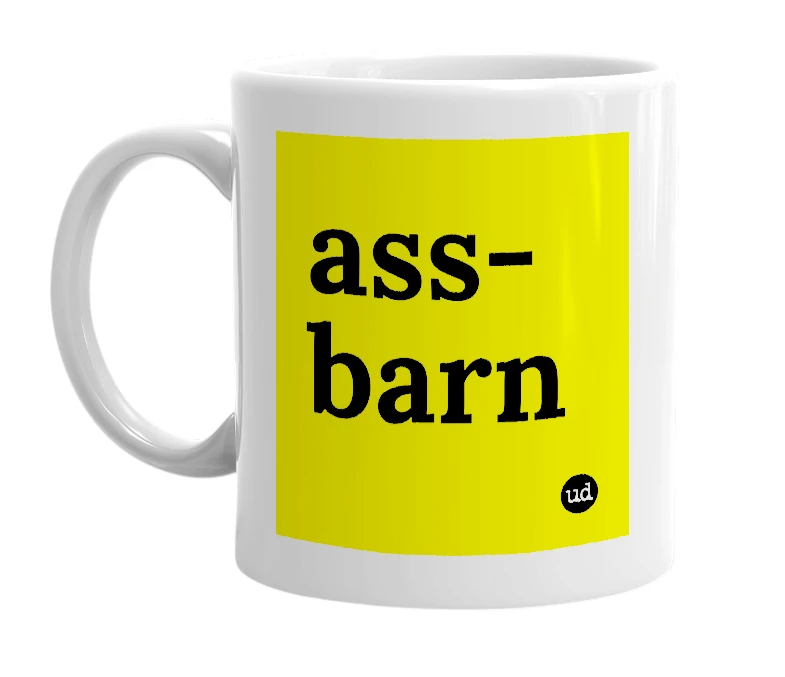 White mug with 'ass-barn' in bold black letters