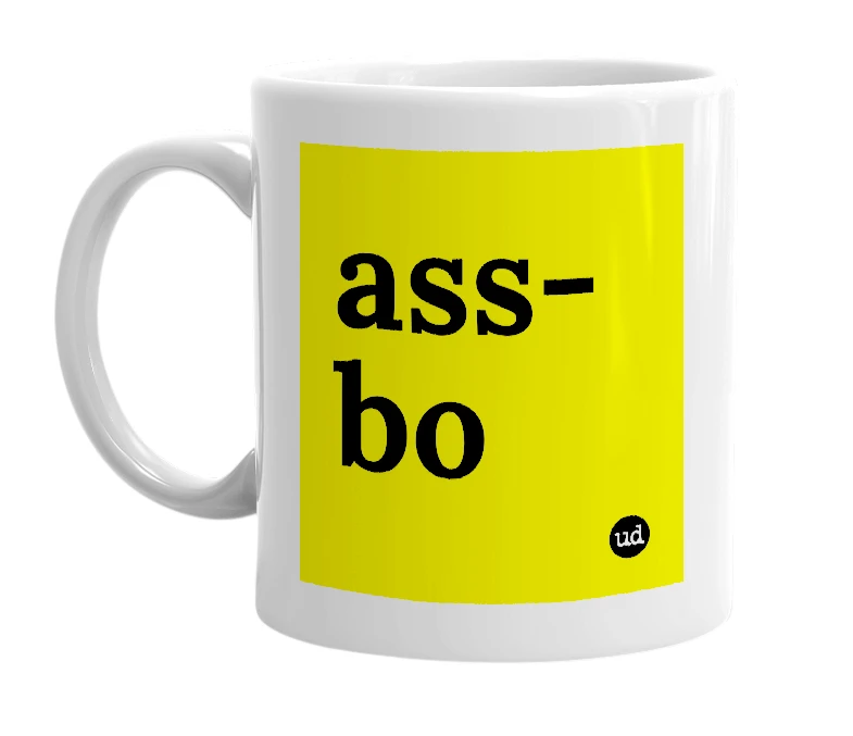 White mug with 'ass-bo' in bold black letters