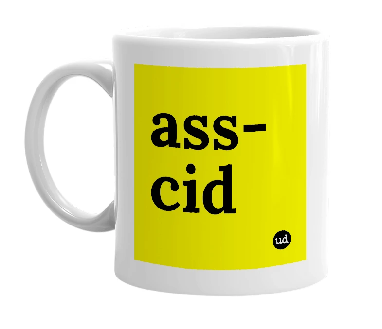 White mug with 'ass-cid' in bold black letters