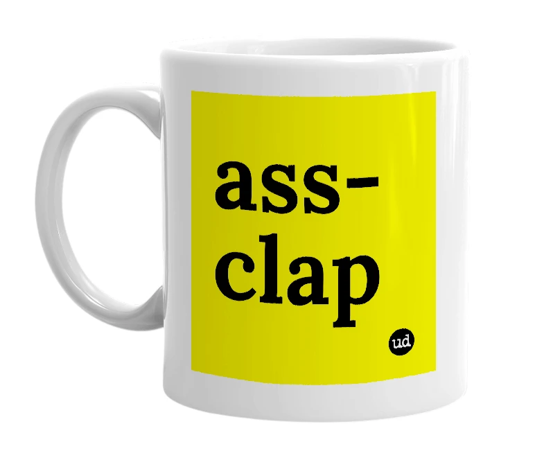 White mug with 'ass-clap' in bold black letters