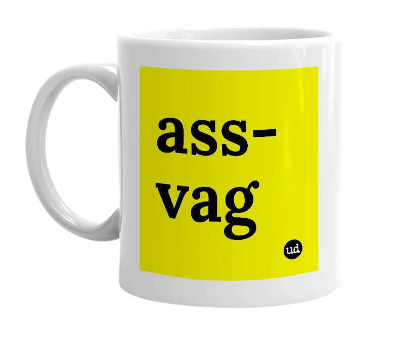 White mug with 'ass-vag' in bold black letters