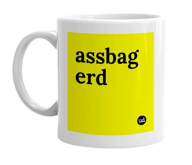 White mug with 'assbag erd' in bold black letters
