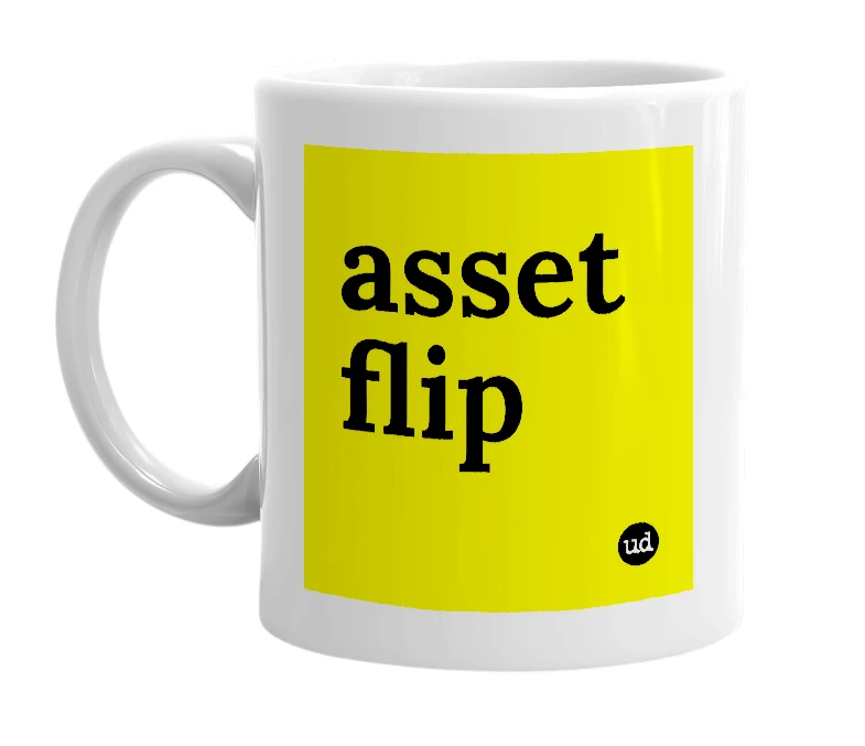 White mug with 'asset flip' in bold black letters