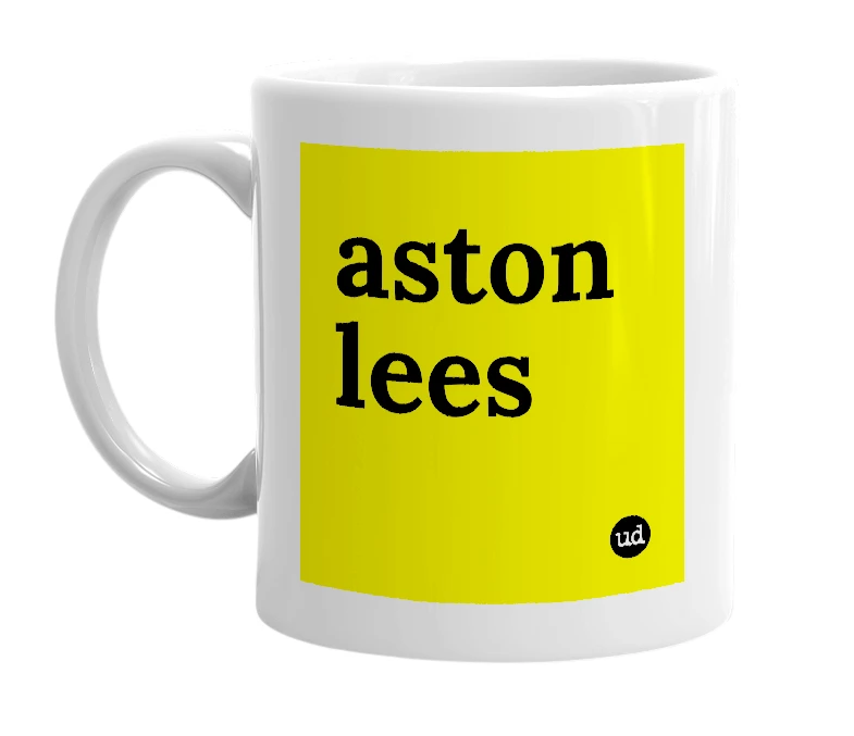 White mug with 'aston lees' in bold black letters