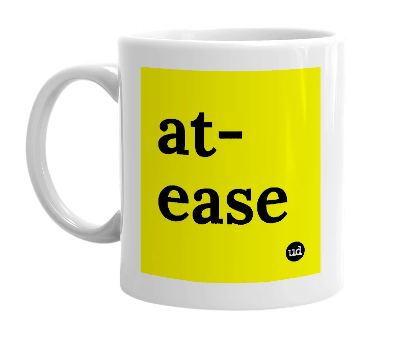 White mug with 'at-ease' in bold black letters