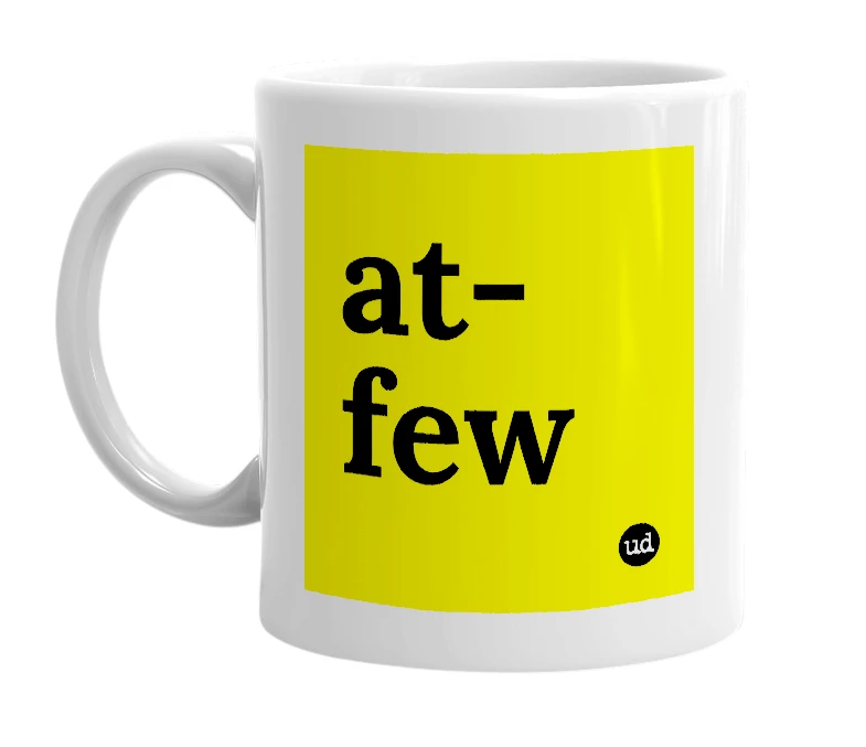 White mug with 'at-few' in bold black letters