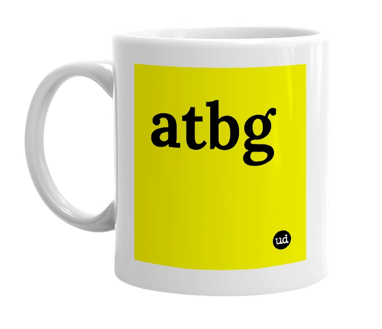 White mug with 'atbg' in bold black letters