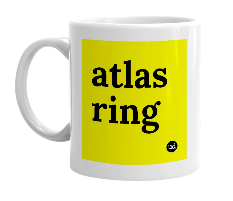 White mug with 'atlas ring' in bold black letters