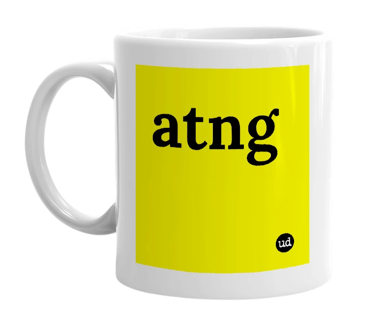 White mug with 'atng' in bold black letters