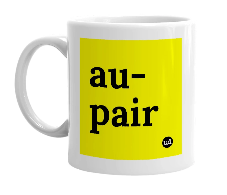 White mug with 'au-pair' in bold black letters