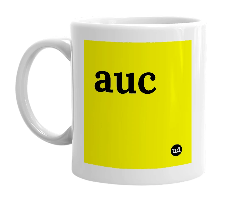 White mug with 'auc' in bold black letters