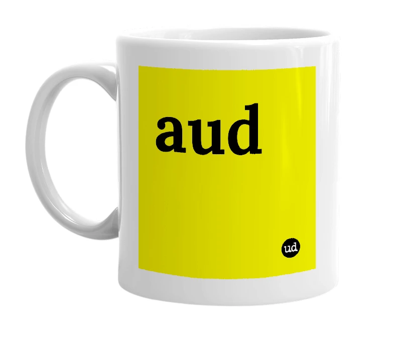 White mug with 'aud' in bold black letters