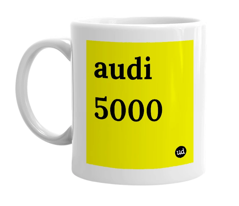 White mug with 'audi 5000' in bold black letters