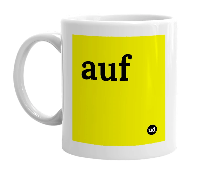 White mug with 'auf' in bold black letters