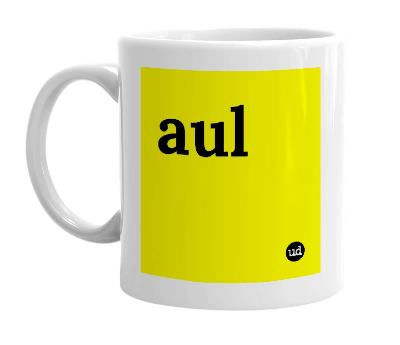 White mug with 'aul' in bold black letters