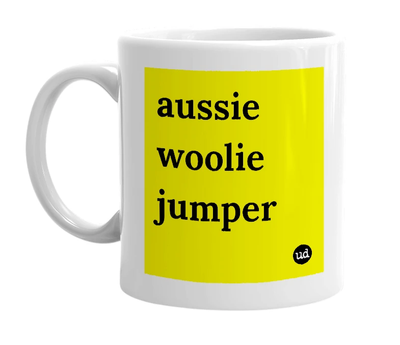 White mug with 'aussie woolie jumper' in bold black letters
