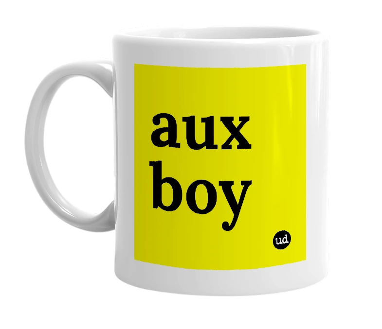 White mug with 'aux boy' in bold black letters