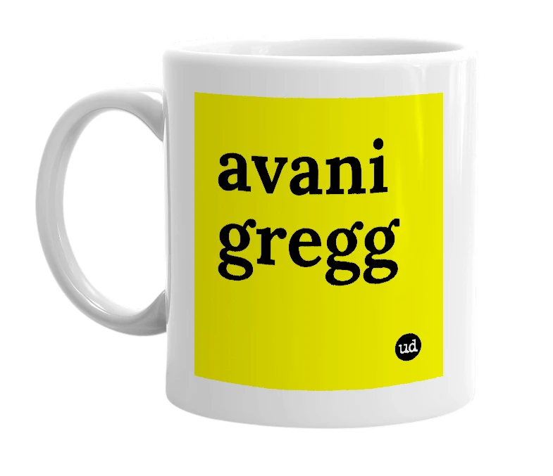 White mug with 'avani gregg' in bold black letters