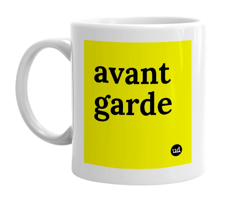 White mug with 'avant garde' in bold black letters