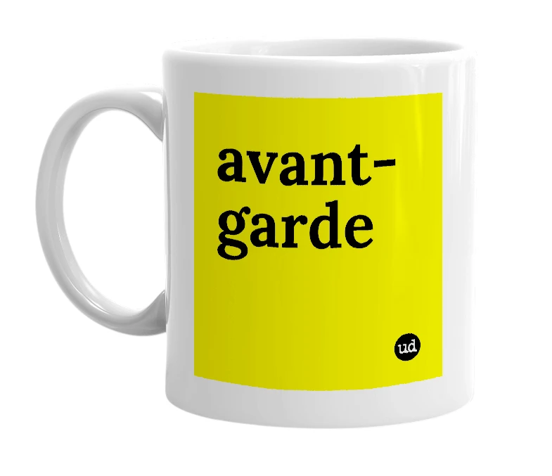 White mug with 'avant-garde' in bold black letters
