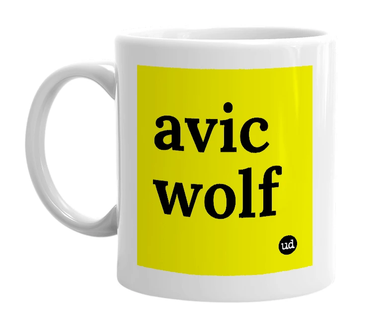 White mug with 'avic wolf' in bold black letters