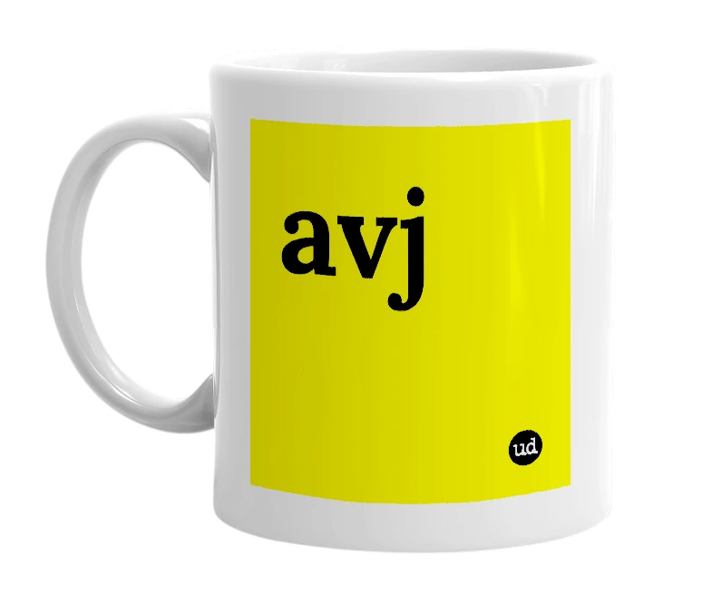 White mug with 'avj' in bold black letters