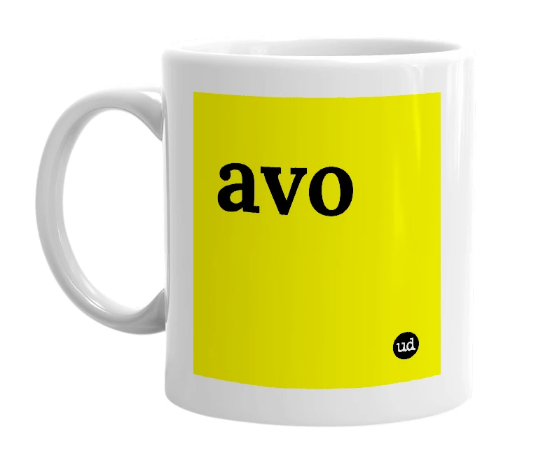 White mug with 'avo' in bold black letters