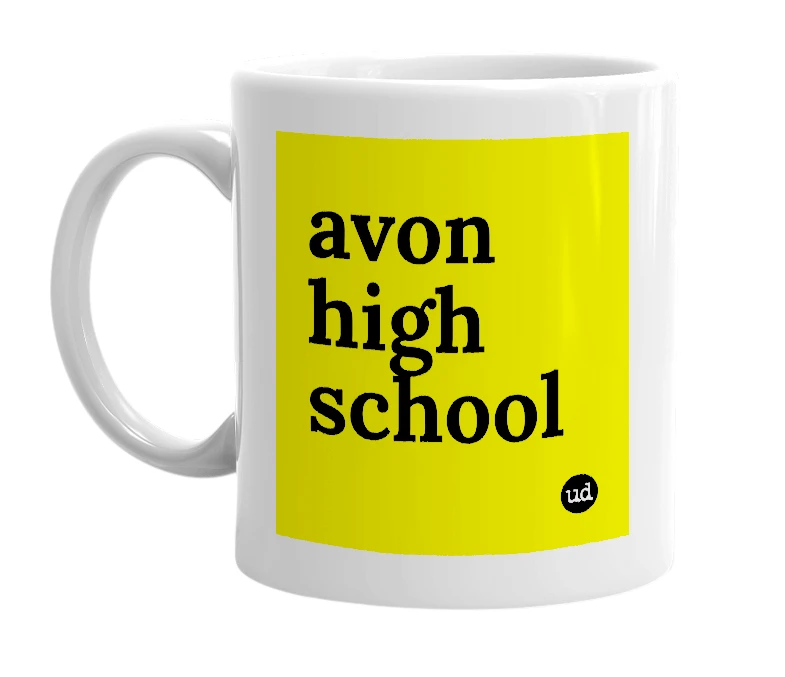 White mug with 'avon high school' in bold black letters