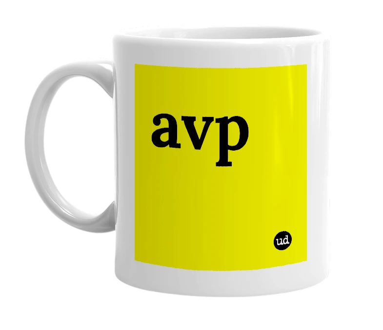 White mug with 'avp' in bold black letters