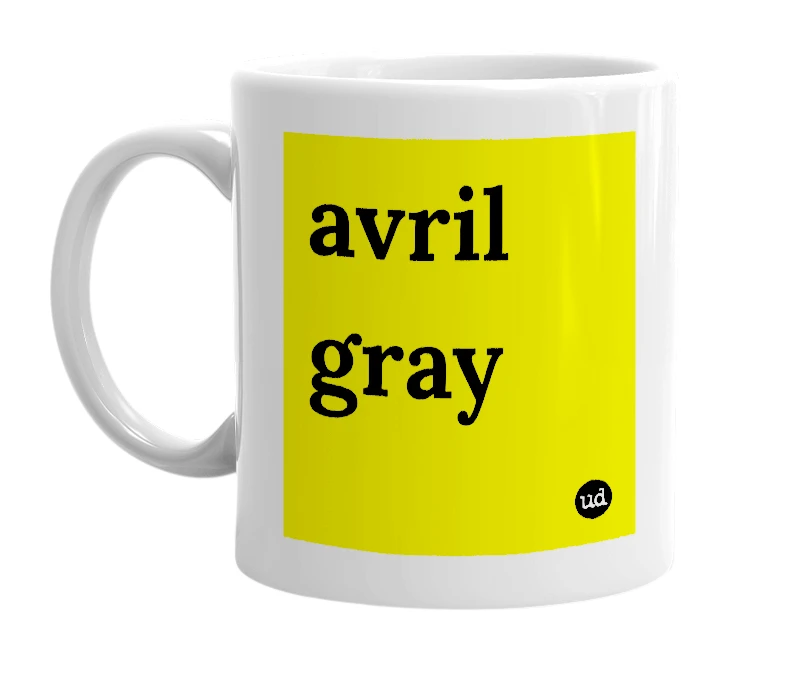 White mug with 'avril gray' in bold black letters