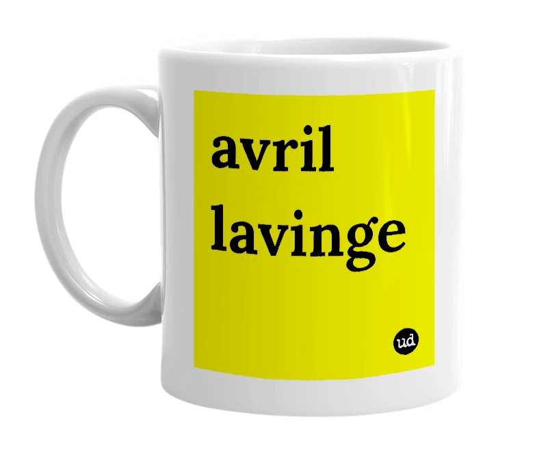 White mug with 'avril lavinge' in bold black letters