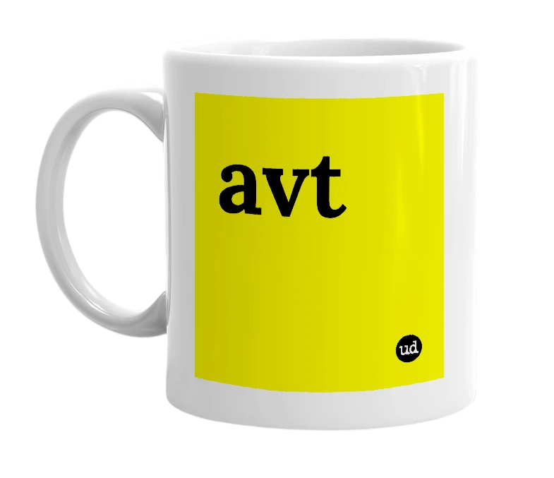 White mug with 'avt' in bold black letters