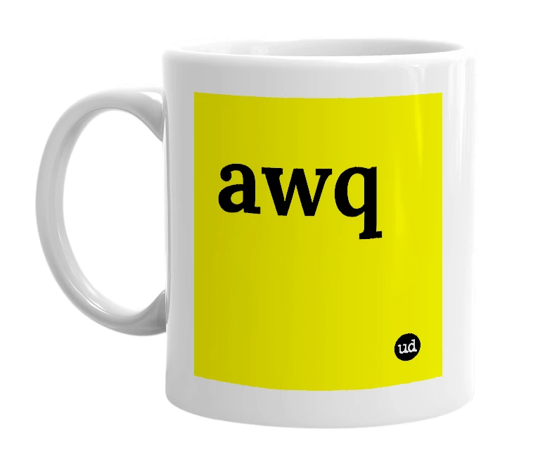 White mug with 'awq' in bold black letters