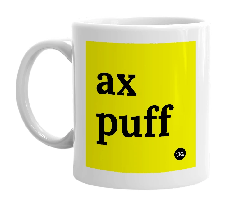White mug with 'ax puff' in bold black letters