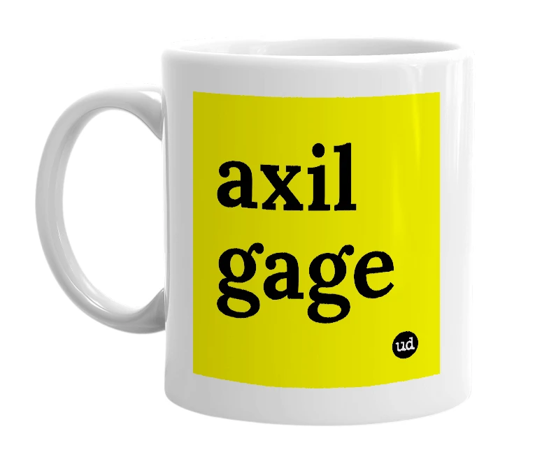 White mug with 'axil gage' in bold black letters