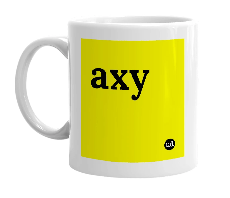 White mug with 'axy' in bold black letters