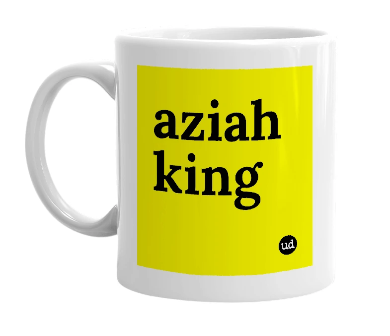 White mug with 'aziah king' in bold black letters