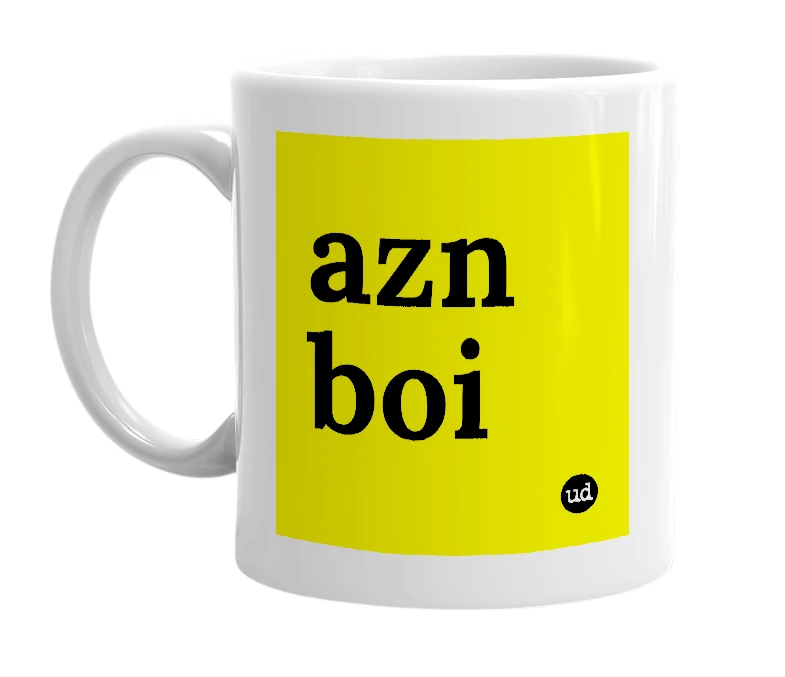 White mug with 'azn boi' in bold black letters