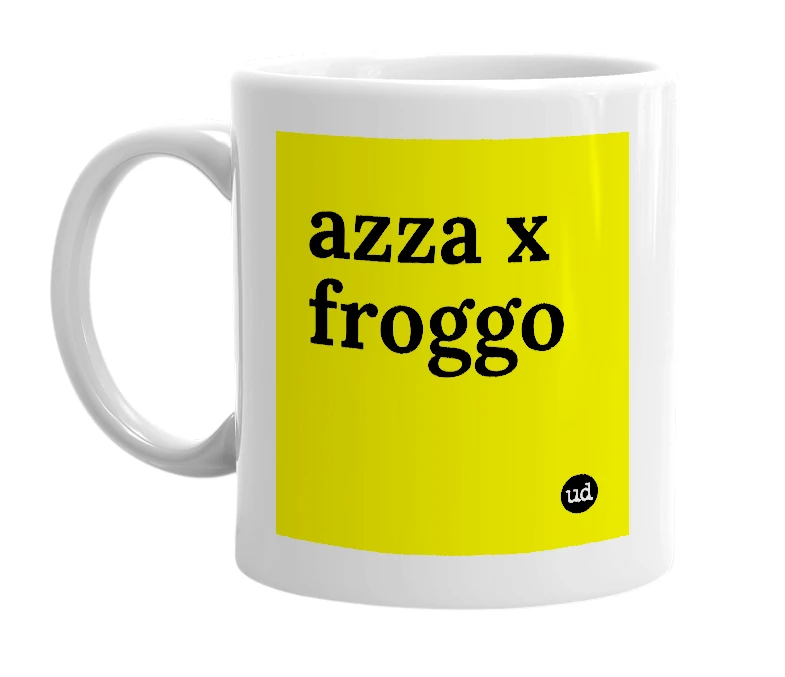 White mug with 'azza x froggo' in bold black letters