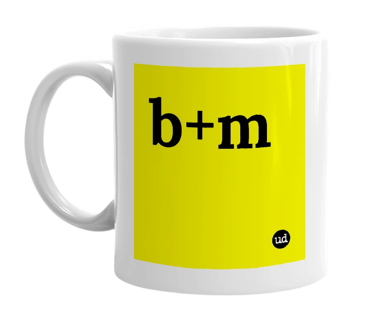 White mug with 'b+m' in bold black letters