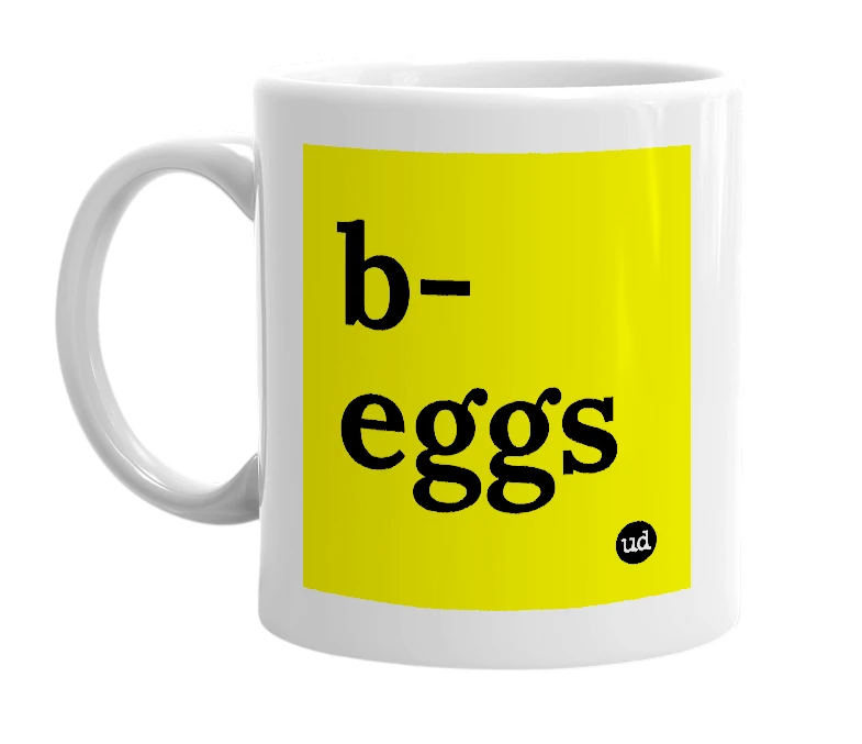 White mug with 'b-eggs' in bold black letters