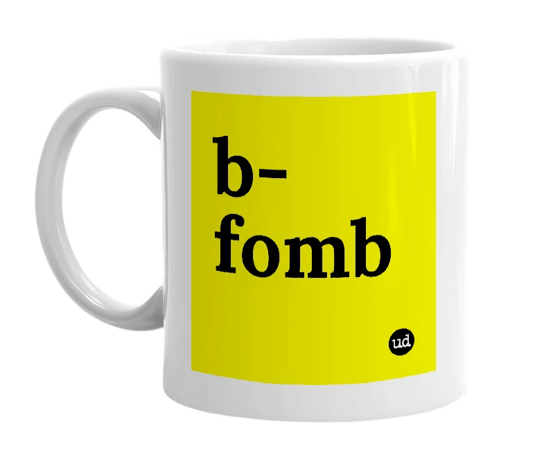White mug with 'b-fomb' in bold black letters