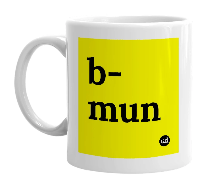 White mug with 'b-mun' in bold black letters