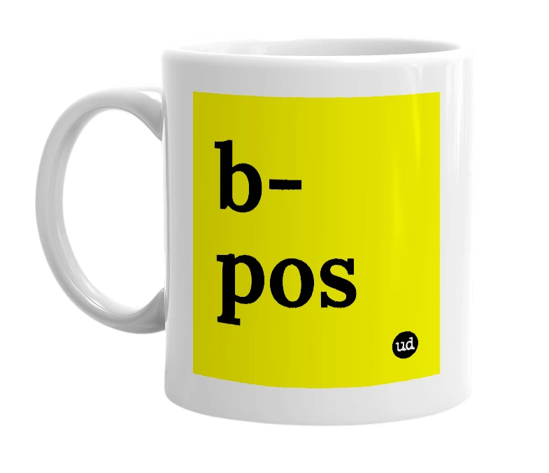 White mug with 'b-pos' in bold black letters