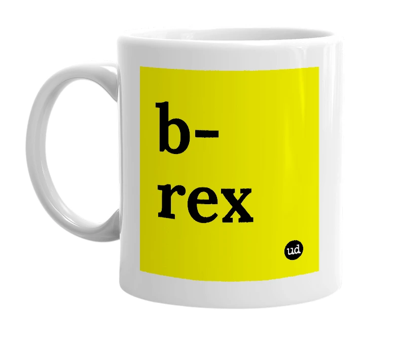 White mug with 'b-rex' in bold black letters