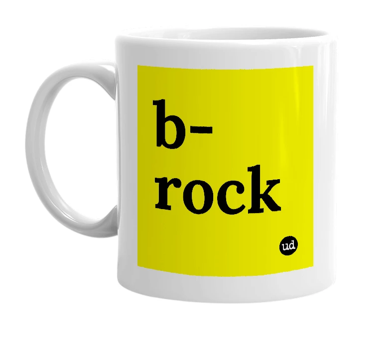 White mug with 'b-rock' in bold black letters