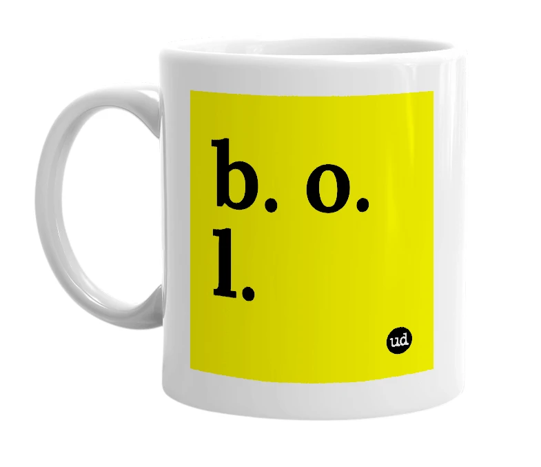 White mug with 'b. o. l.' in bold black letters
