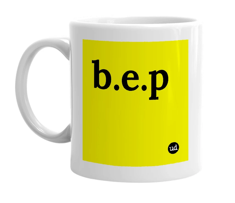 White mug with 'b.e.p' in bold black letters