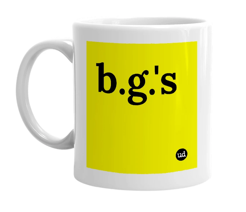 White mug with 'b.g.'s' in bold black letters