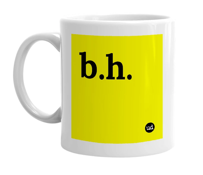 White mug with 'b.h.' in bold black letters